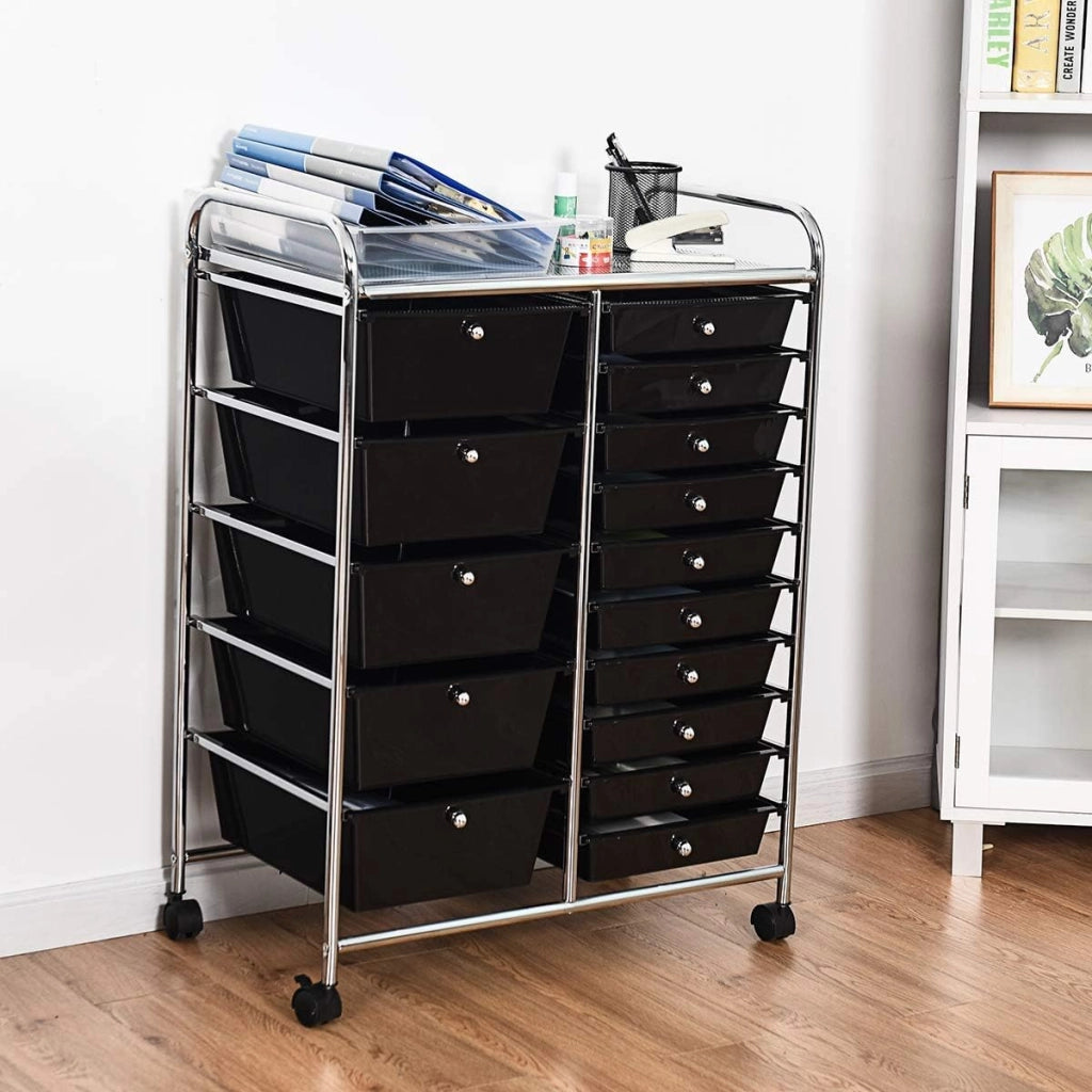 Carrello con 15 Cassetti Impilabili, Carrello di Stoccaggio con Ruote, Carello Portaoggetti per Casa e Ufficio, 62,5 x 37 x 87 cm (Nero)