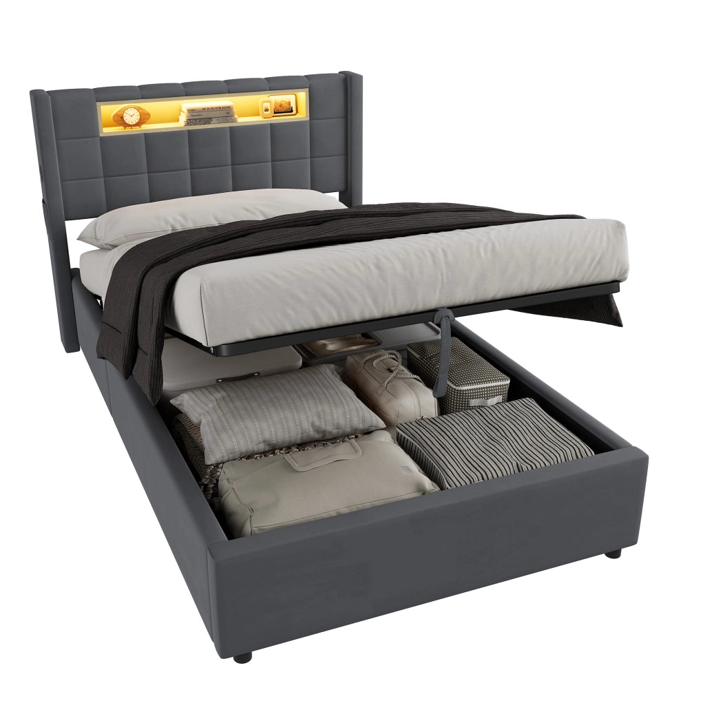 Letto singolo imbottito 90 x 200 cm in velluto grigio con contenitore idraulico, LED e porte USB/Type-C