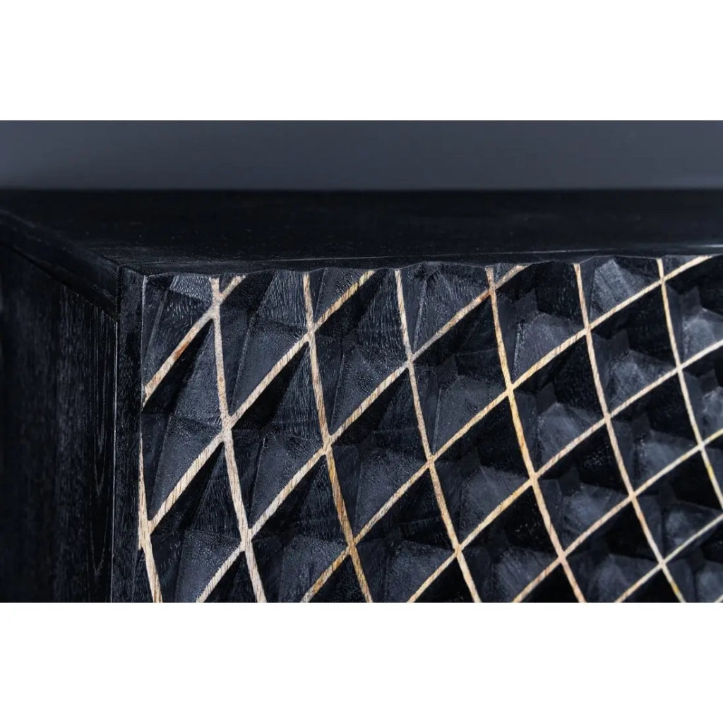Buffet KOSMOS 180 cm – Legno massiccio nero scolpito 3D – Piedi in metallo dorato