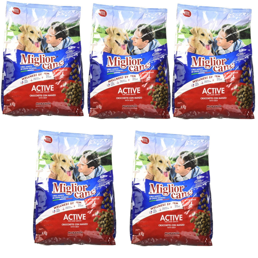 Multipack da 5 pz di croccantini morando linea miglior cane active gusto manzo 4 kg ciascuno