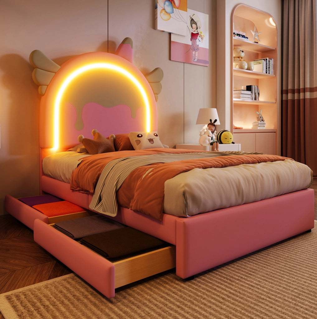 Letto imbottito rosa con leuchtleiste e 2 cassetti, 90 x 200 cm