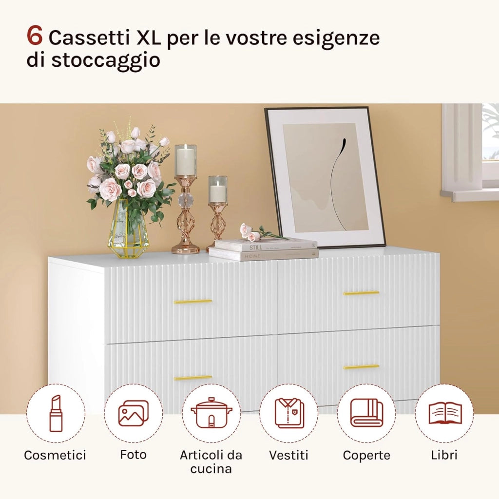 WOLTU Comò Bianco per Camera da Letto, Cassettiera 6 Cassetti in Legno con Gambe Metalliche Dorate, Mobile Contenitore per Soggiorno o Ingresso, Dimensioni 100x40x75 cm, KMD002ws