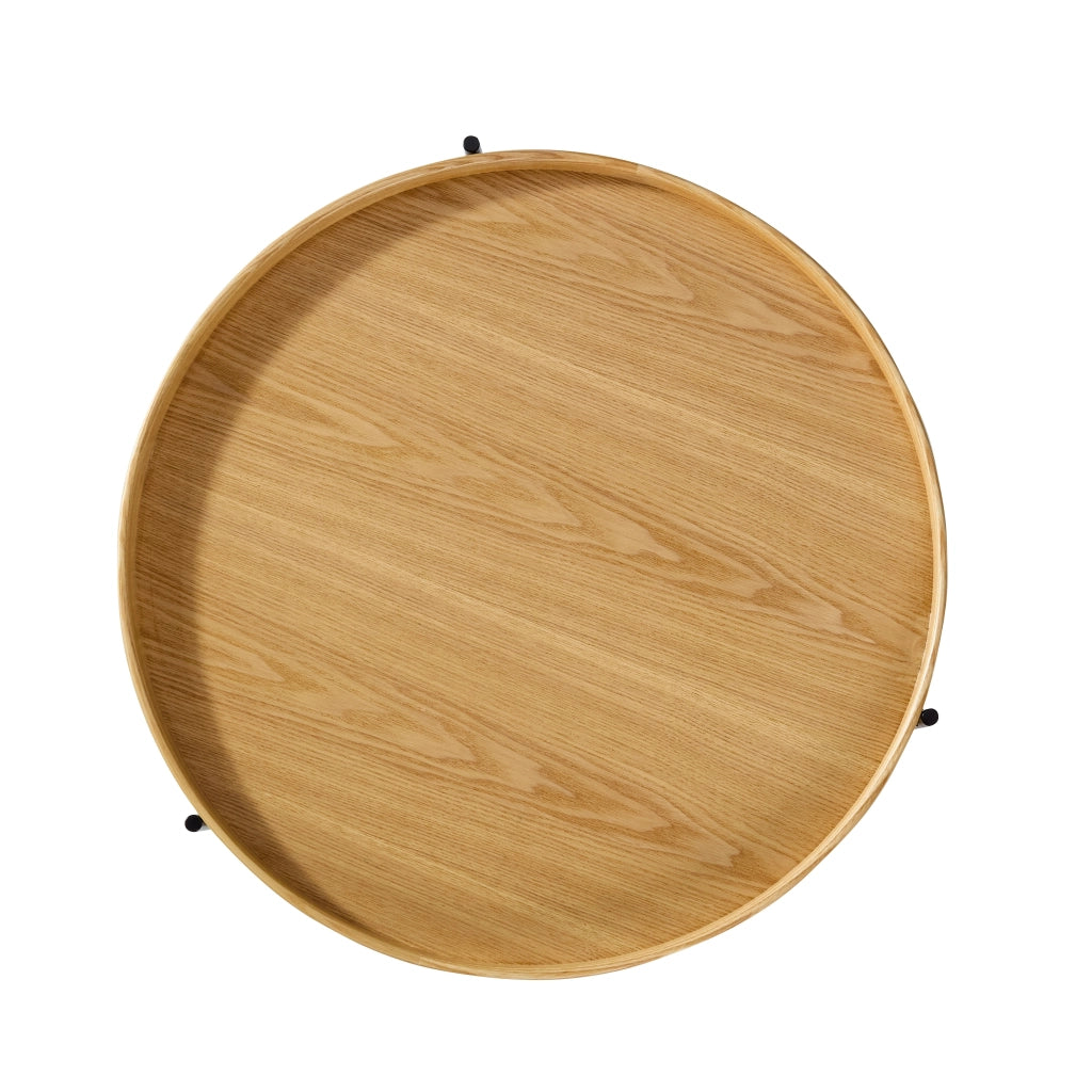 Tavolino basso rotondo con 2 ripiani, design moderno, in legno massello e MDF, naturale, per soggiorno, 69 × 69 × 38 cm