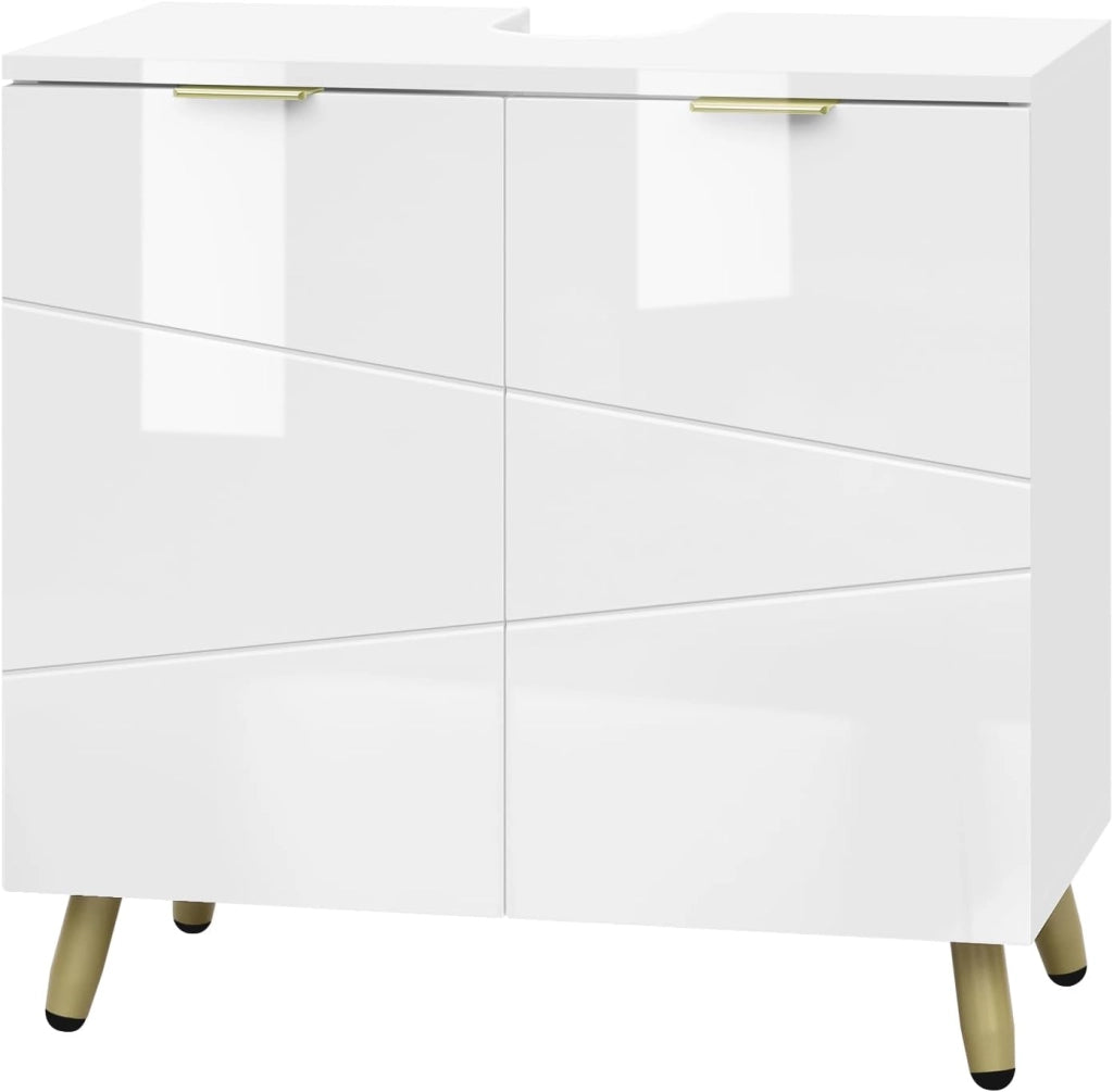 Mobile Sottolavabo per Bagno, Armadietto Sotto Lavandino da Terra a 2 Ante, Mobiletto Copricolonna in Legno, con Ripiano Regolabile e Foro per Sifone, Bianco Lucido, 60x30x60cm