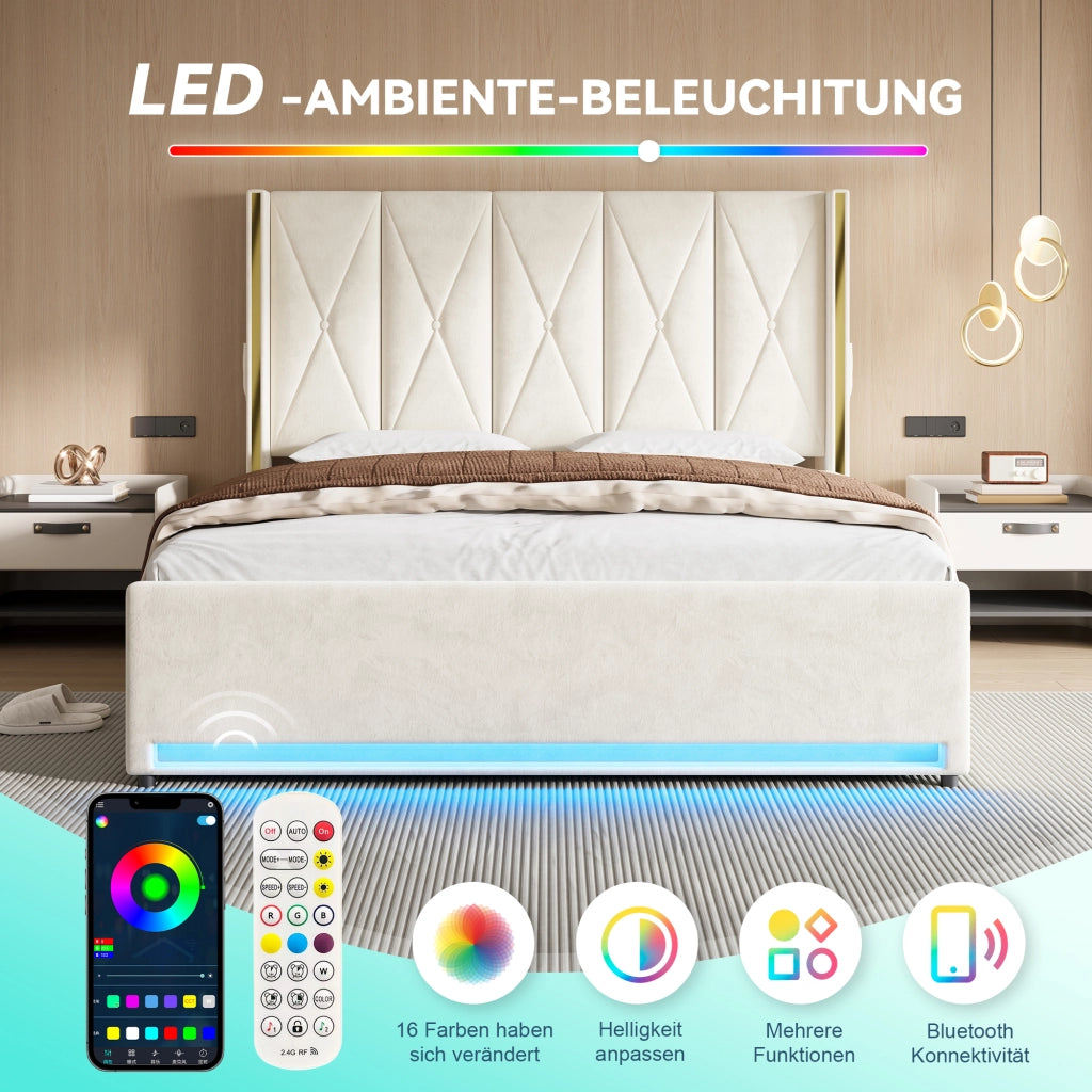 LETTO imbottito 180x200 cm in velluto beige con USB, LED e contenitore