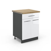 Mobiletto base per cucina Fame-Line Bianco lucido/Antracite 60 cm con cassetto, PL Rovere Vicco