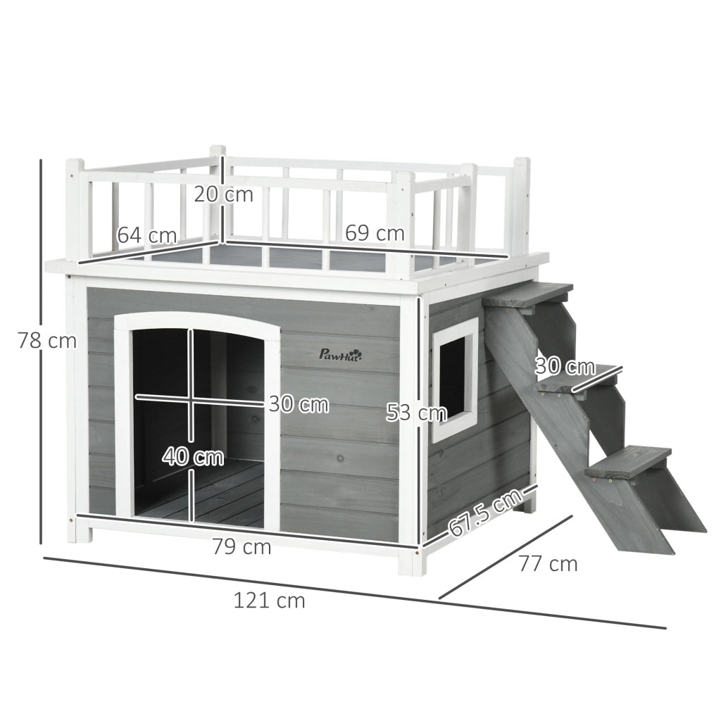 Casetta per Cani con Terrazza Scaletta e Finestra 121x77x78cm Grigio chiaro