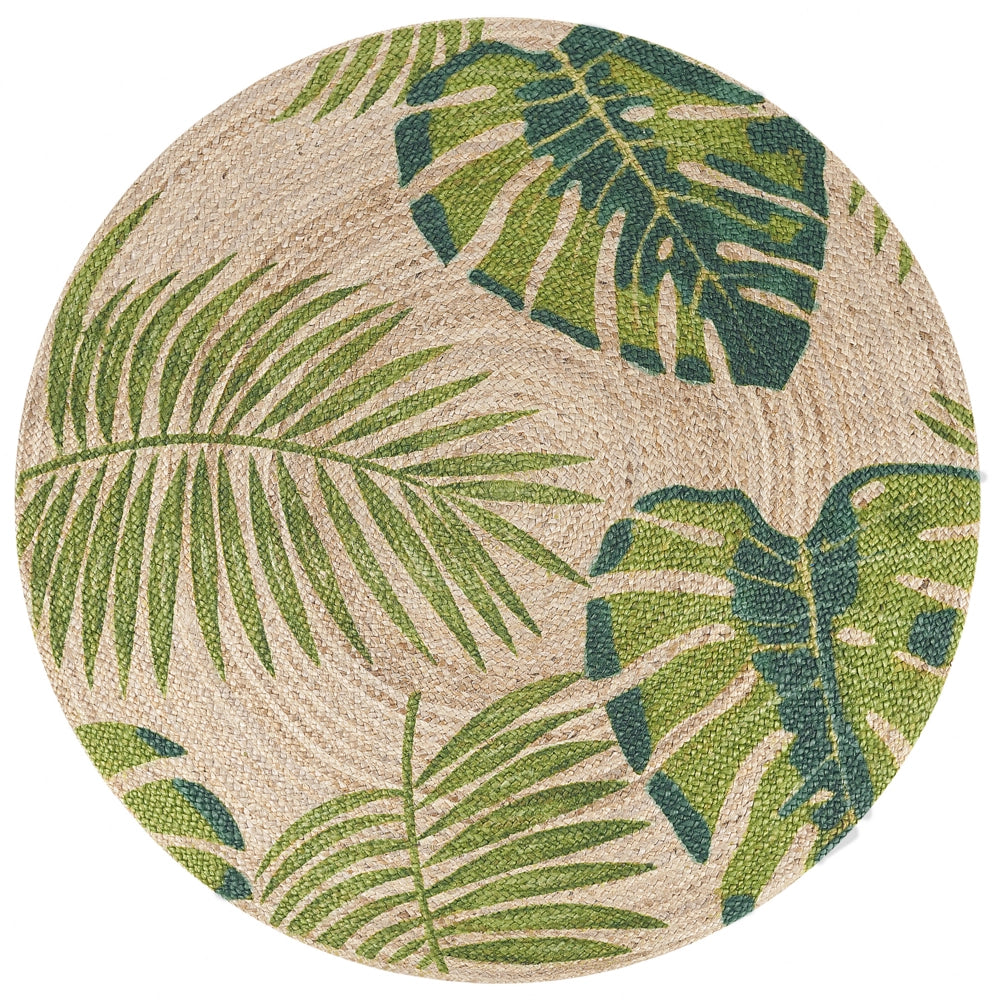 Tappeto in iuta con motivo stampato a foglia di monstera intrecciata verde Boho rustico 140 cm