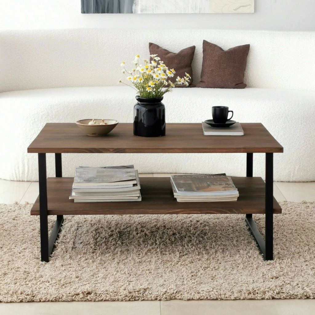 Tavolino da salotto Aprica, Tavolo basso da caffè, Portariviste per divano, Ripiano da soggiorno, 85x60h40 cm, Noce