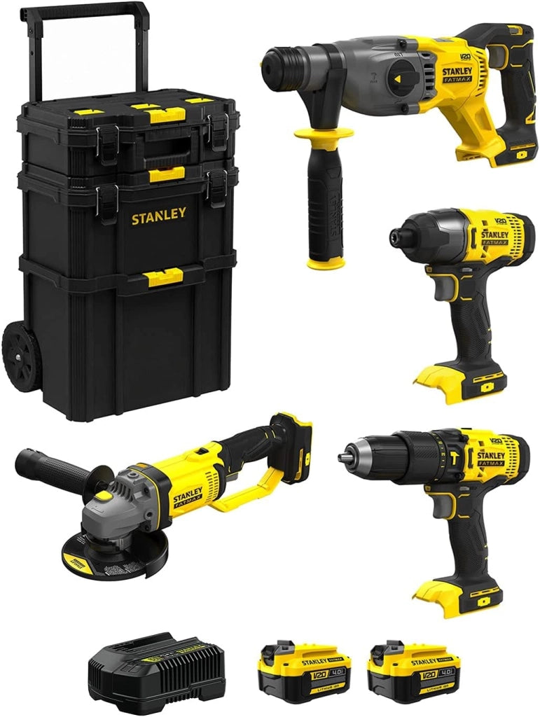STANLEY FatMax Kit SVK401 (Tassellatore SFMCH900 + Smerigliatrice SFMCG400 + Trapano a Percussione SFMCD711 + Avvitatore a Impulsi SFMCF800 + 2 Batterie 4,0 Ah + Caricabatteria + Caddy 3in1)