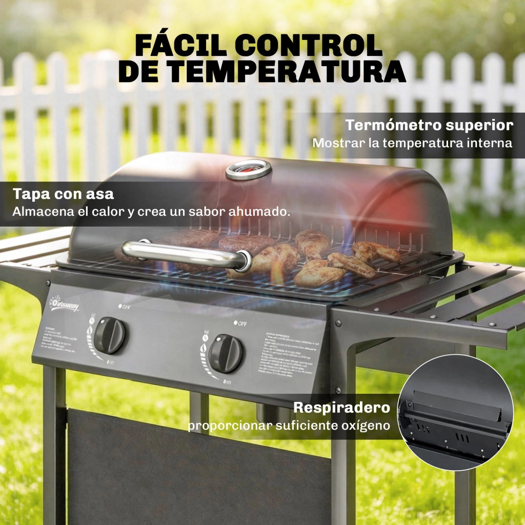 Barbecue a Gas con 2 Bruciatori 5 kW ¨C zephmum ¨C Griglia Riscaldante 2 Ruote Termometro Tavoli Laterali Nero