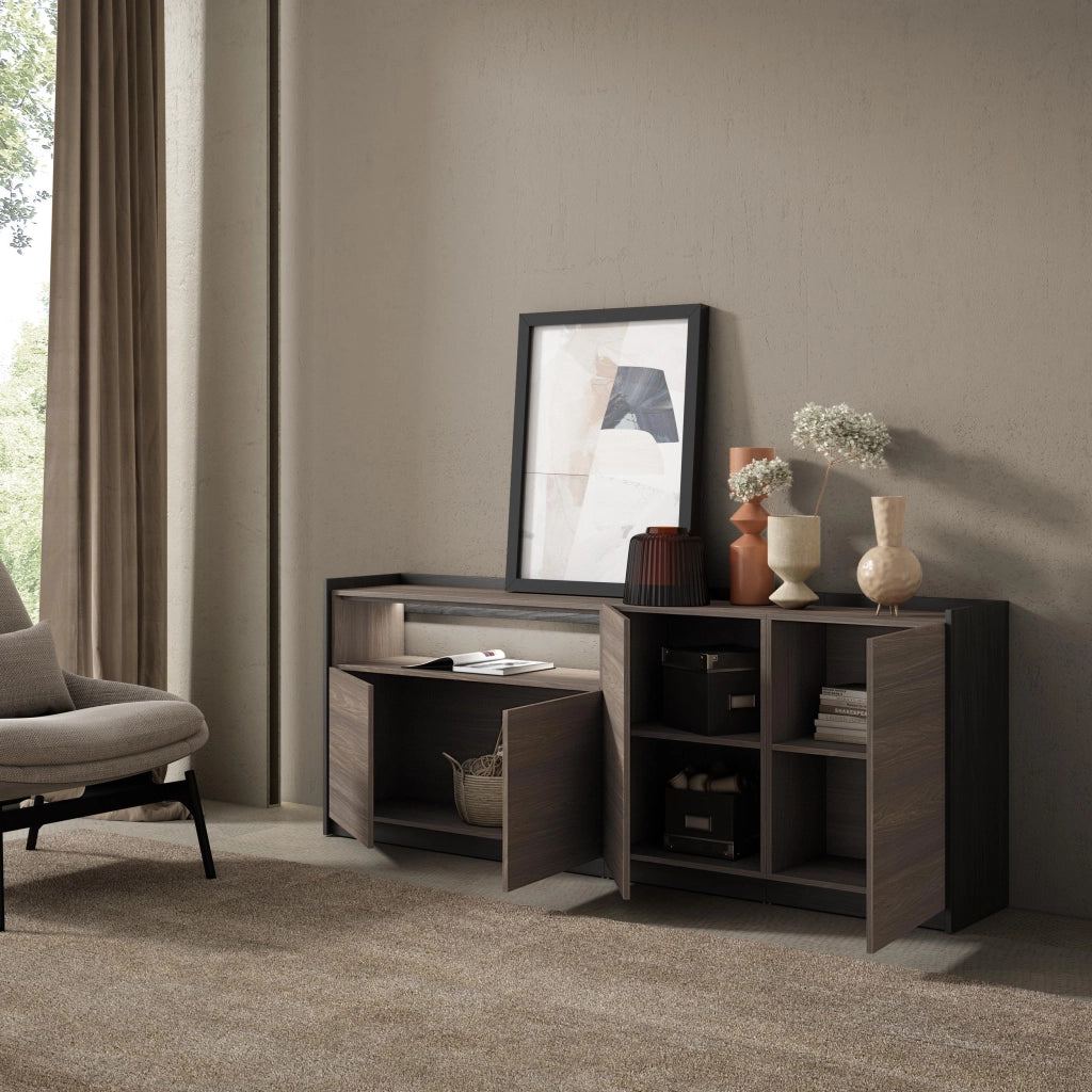 Credenza, Mobile, Cucina, 207x80x37 cm, 4 Porte, LED, Rovere scuro e Nero