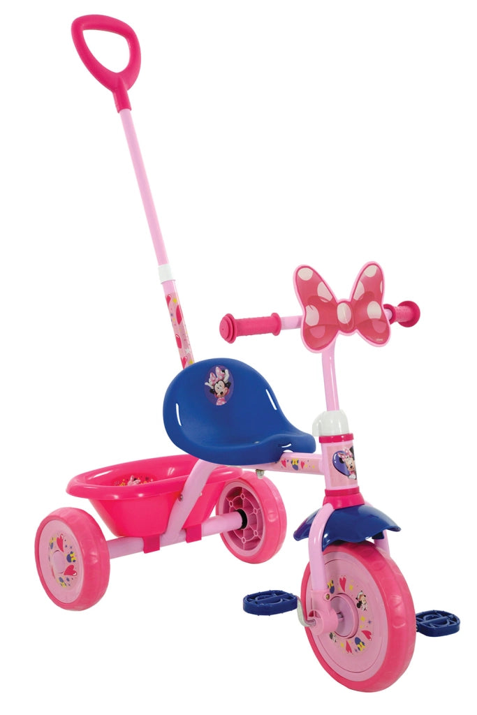 Triciclo a Pedali Primi Passi per Bambini con Maniglione Genitoriale Rimovibile e Vano Contenitore Disney Minnie Rosa