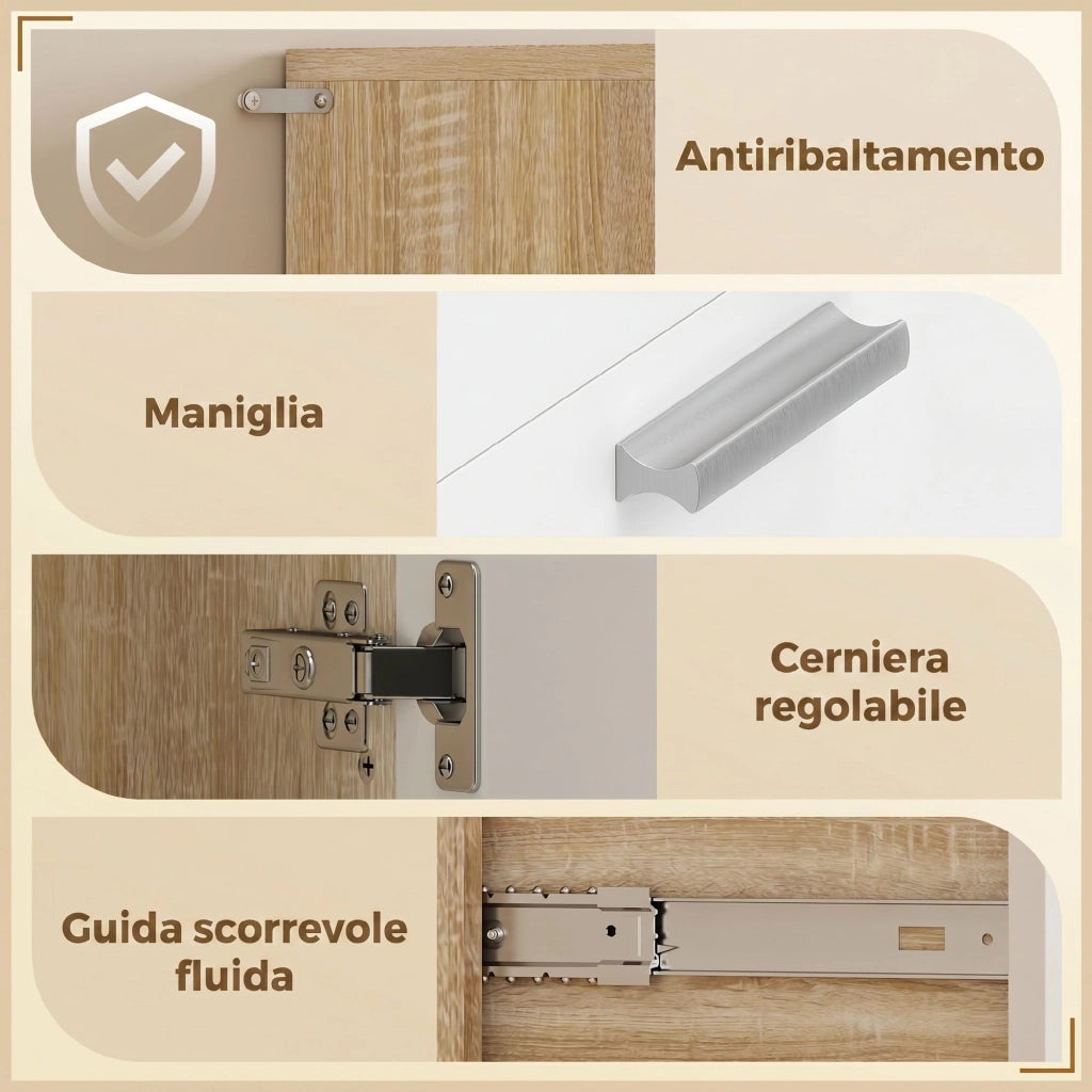 Credenza da Cucina 55x40x175 cm con Ripiani Aperti 2 Armadietti e Cassetto in Legno e Metallo Bianco e Legno