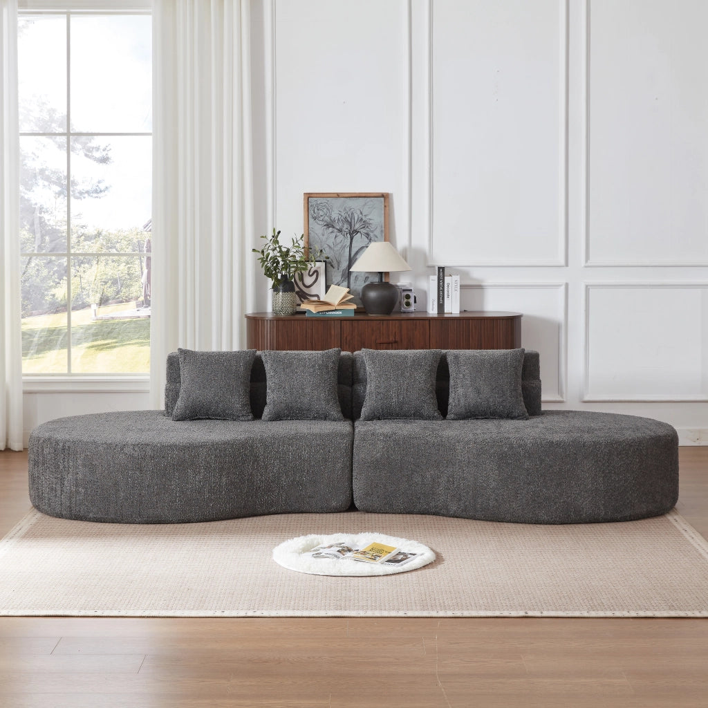 Divano modulare in ciniglia con schienale a strati e design arrotondato, componibile in due pezzi per interni moderni grigio