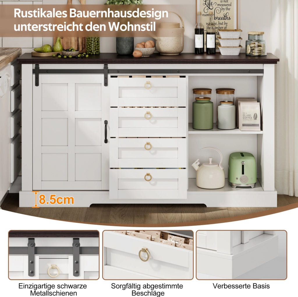 Credenza moderna e rustica 150 x 40 x 85 cm con ante scorrevoli; 4 cassetti; bianca in MDF