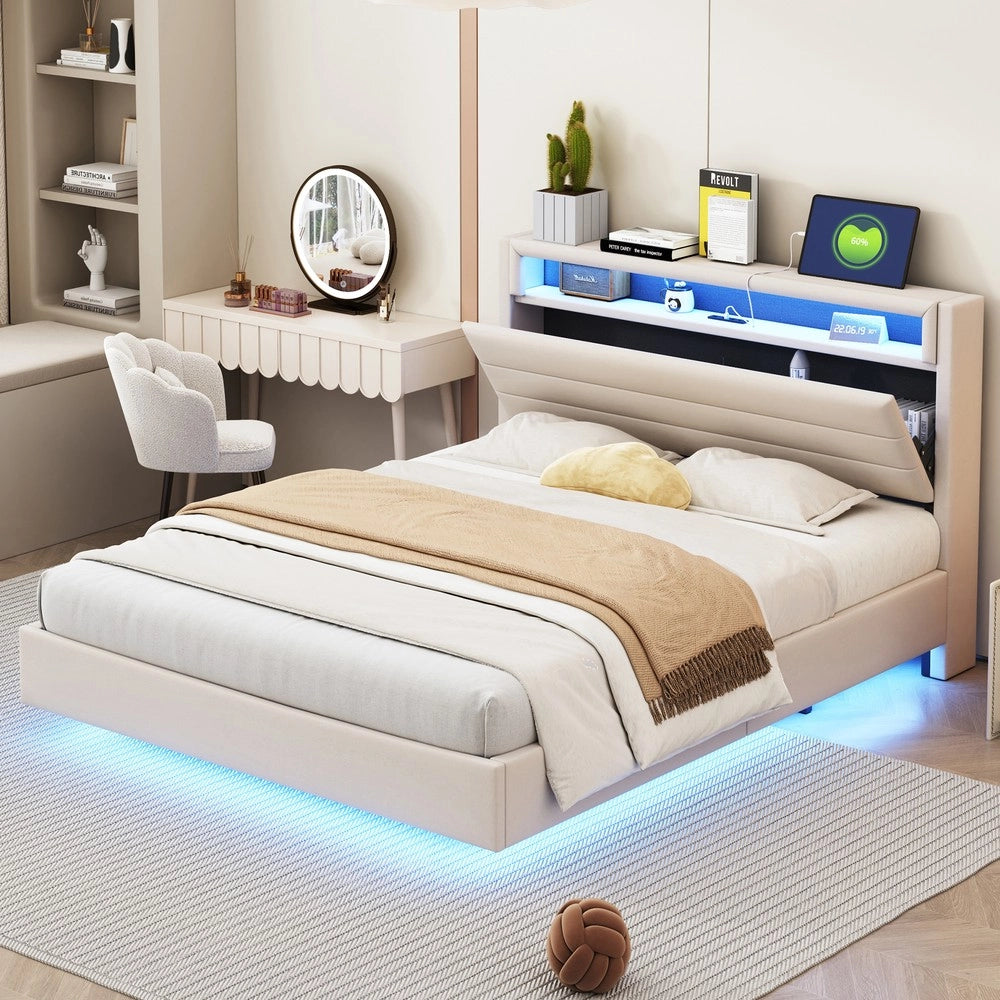 Letto Imbottito Matrimoniale con LED e USB ¨C MINIMAL ¨C Testiera Reversibile, Tessuto Beige, 140x200