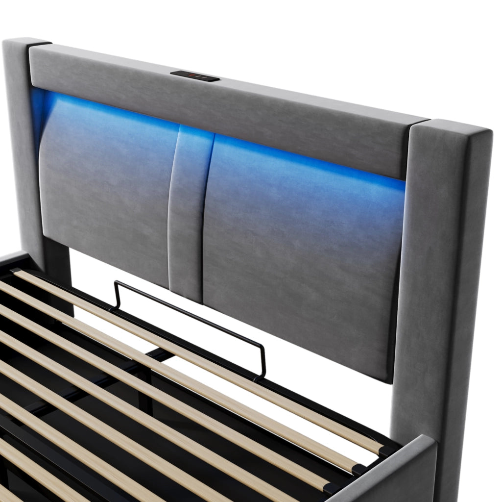 Letto matrimoniale 160x200 cm con contenitore; LED; USB e Type-C; velluto grigio; con materasso