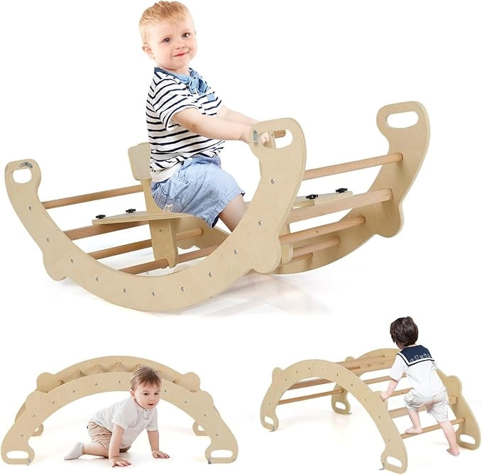 4 in 1 Arrampicata per Bambini, Arco Cavallo a Dondolo Multifunzionale in Legno, Dondolo a 35°, Ideale per Bambini 1-5 Anni, 112 x 52 x 44 cm (Naturale)