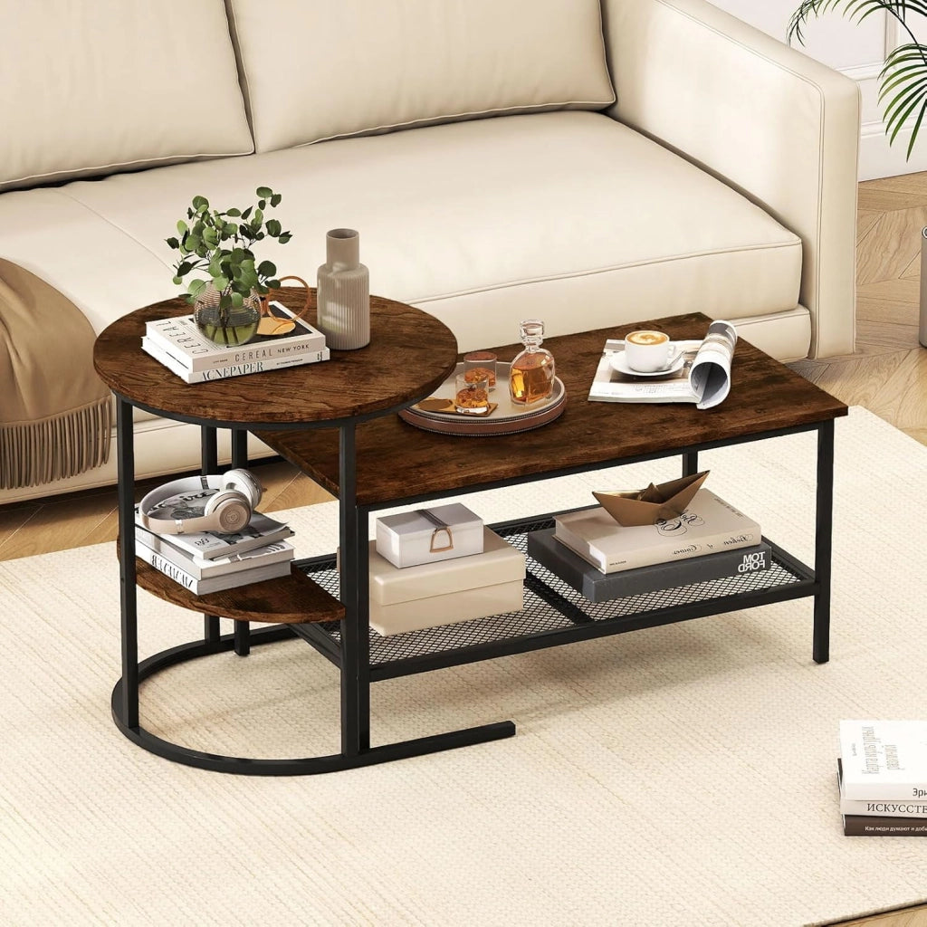 Set di Tavolini da Caffè Componibili, 2 in 1 Set di Tavoli Rimovibili con Piano in Marmo Sintetico, Tavolino Rotondo e Tavolino Rettangolare per Salotto e Camera da Letto (Nero) (Marrone)