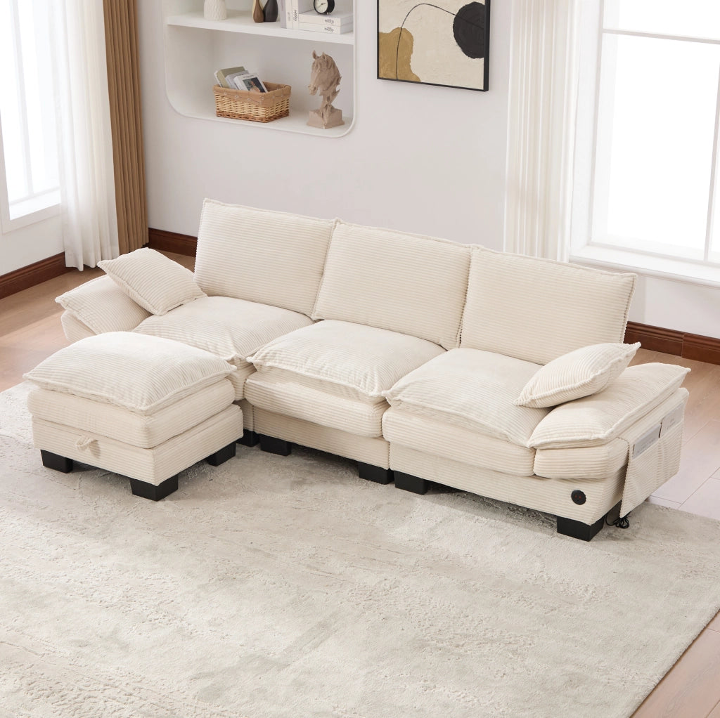 Divano modulare 3 posti con pouf contenitore in corduroy beige; 260 cm; con USB-C