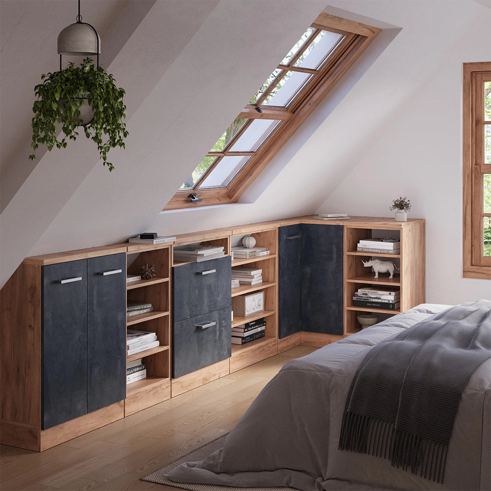 Mobile cucina angolare per sottotetto R-Line Calce nera/Rovere dorato 75.6 cm con 1 porta Vicco