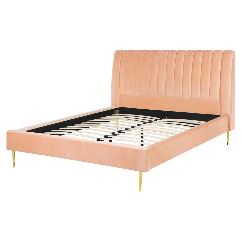 Letto imbottito velluto pesca e oro rete a doghe testiera alta 160 x 200 cm testata alta design retrò