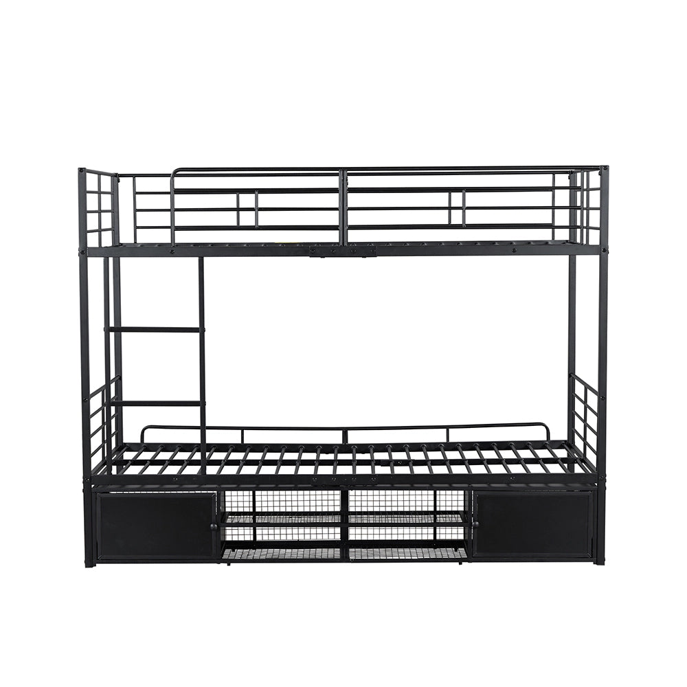Letto a castello 90x200 - Xylo - Armadio aperto per scarpe, piccolo armadio di archiviazione a due ante, scala laterale con barriera antiscivolo, nero