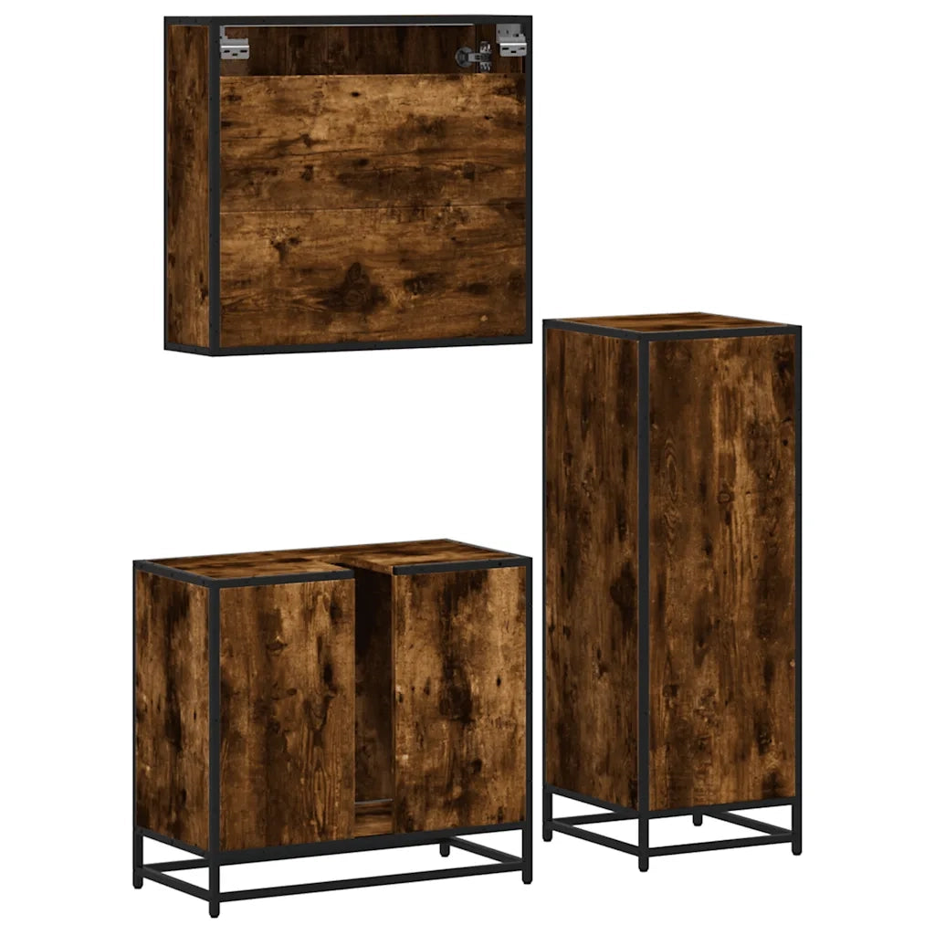 Set Mobili da Bagno 3 pz Rovere Fumo in Legno Multistrato