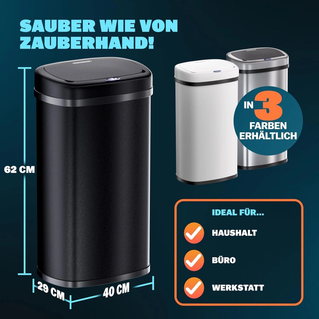 ® Cestino per Rifiuti con Sensore 50L in Acciaio Inox Pattumiera con Fissaggio Coperchio incl. Cavo USB Secchio Display LED