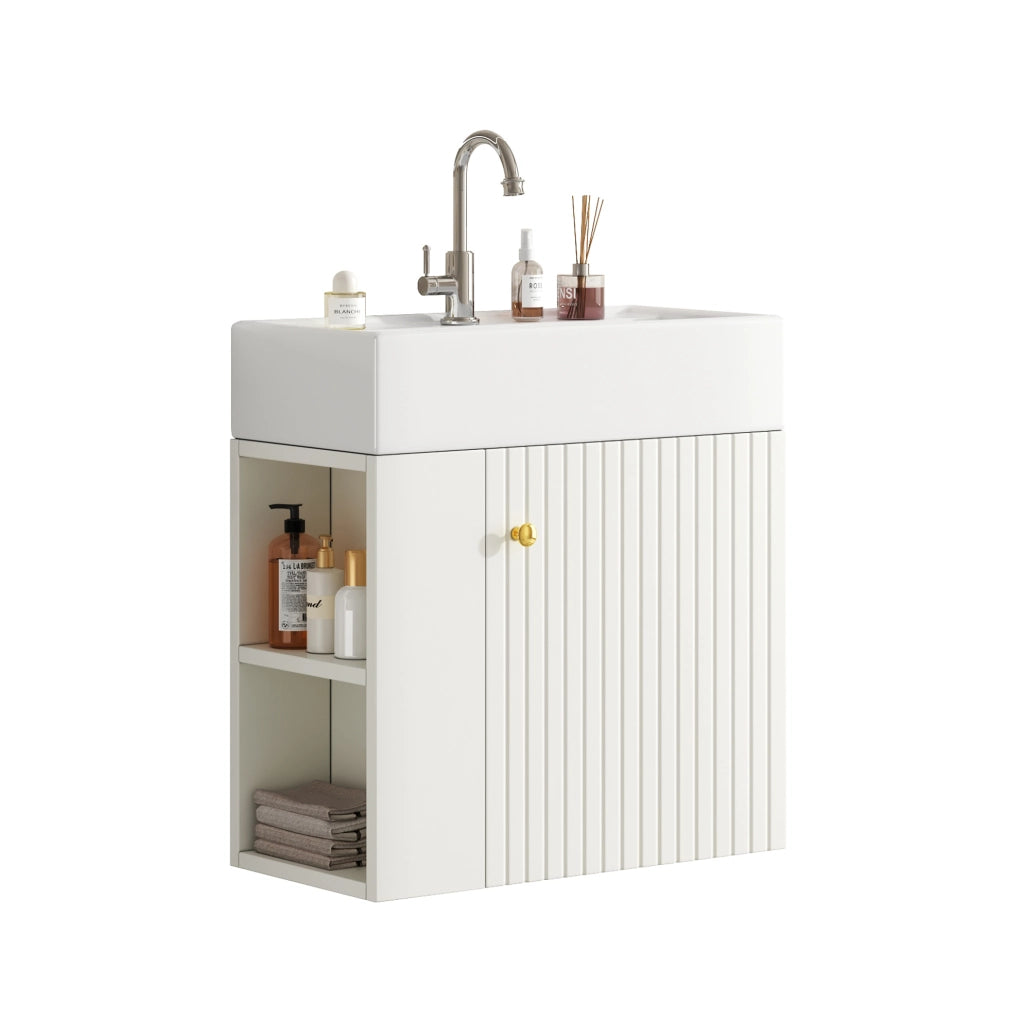 Mobile bagno con lavabo; design tridimensionale; piano integrato; truciolato bianco