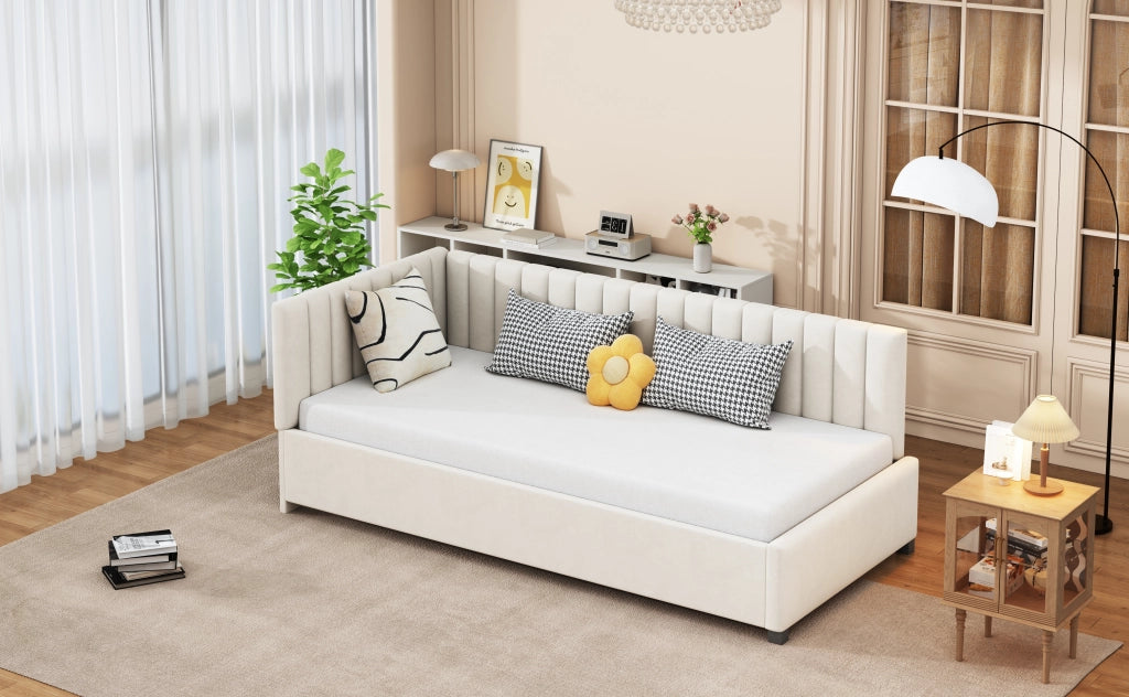 Letto singolo imbottito 90 ¡Á 200 cm con rete a doghe in velluto beige e testiera reversibile