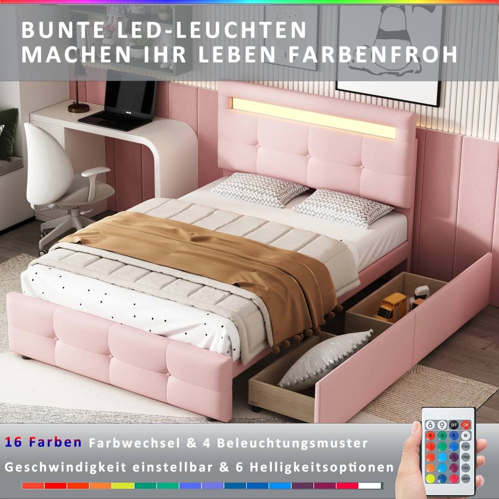 Letto singolo 90×200 cm con 2 cassetti; LED; testiera regolabile; senza materasso; legno; rosa