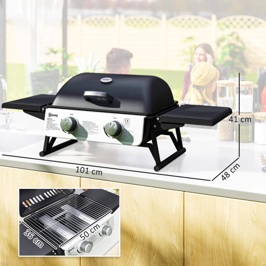Barbecue a Gas Portatile con 2 Bruciatori e Coperchio con Termometro, Nero