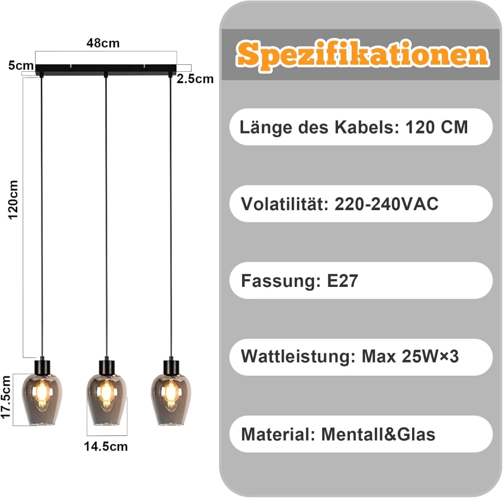 ZMH Lampada a Sospensione 3 Luci Vintage Retro Vetro Fum¨¦ E27 per Sala da Pranzo Cucina Hotel Soggiorno Senza Lampadina