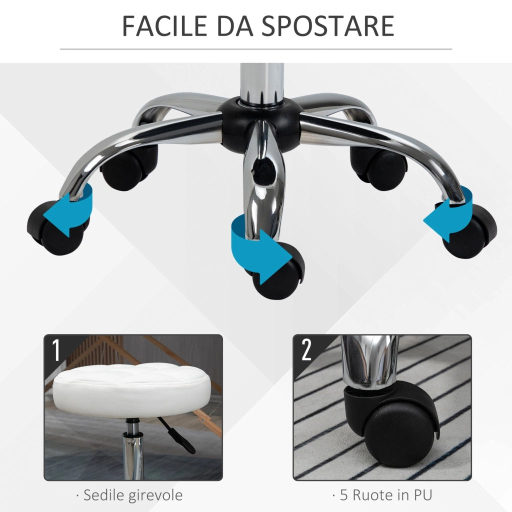 Sgabello Girevole Rotondo con Ruote Ø35,5x51-67 cm Altezza Regolabile in Similpelle Bianco