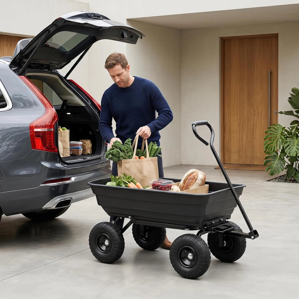 Carrello da Giardino 75 L Portata 300 kg, Carriola da Giardino Ribaltabile con 4 Ruote Pneumatiche, Manico Regolabile e Impugnatura Morbida, Carriola da Muratore da Esterno