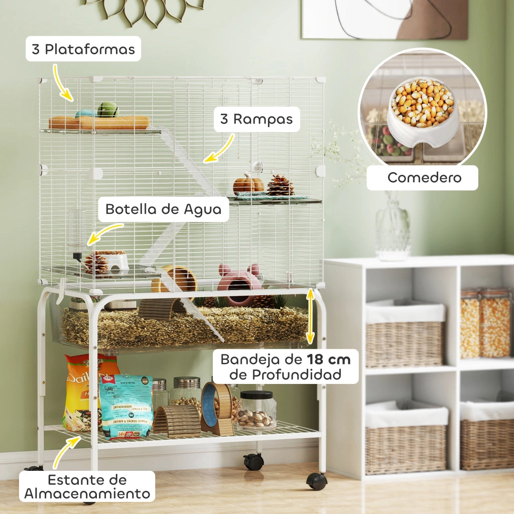 Gabbia per Animali Piccoli 4 Livelli con Ruote ¨C zephmum ¨C 73x47x123 cm Bianco