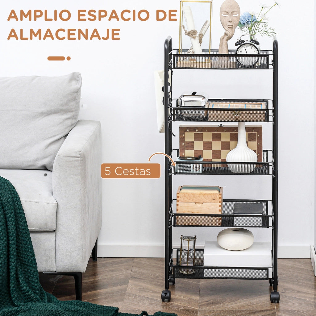 Carrello Portautensili 5 Livelli con Cestini ¨C zephmum ¨C 45x26.5x106 cm Nero
