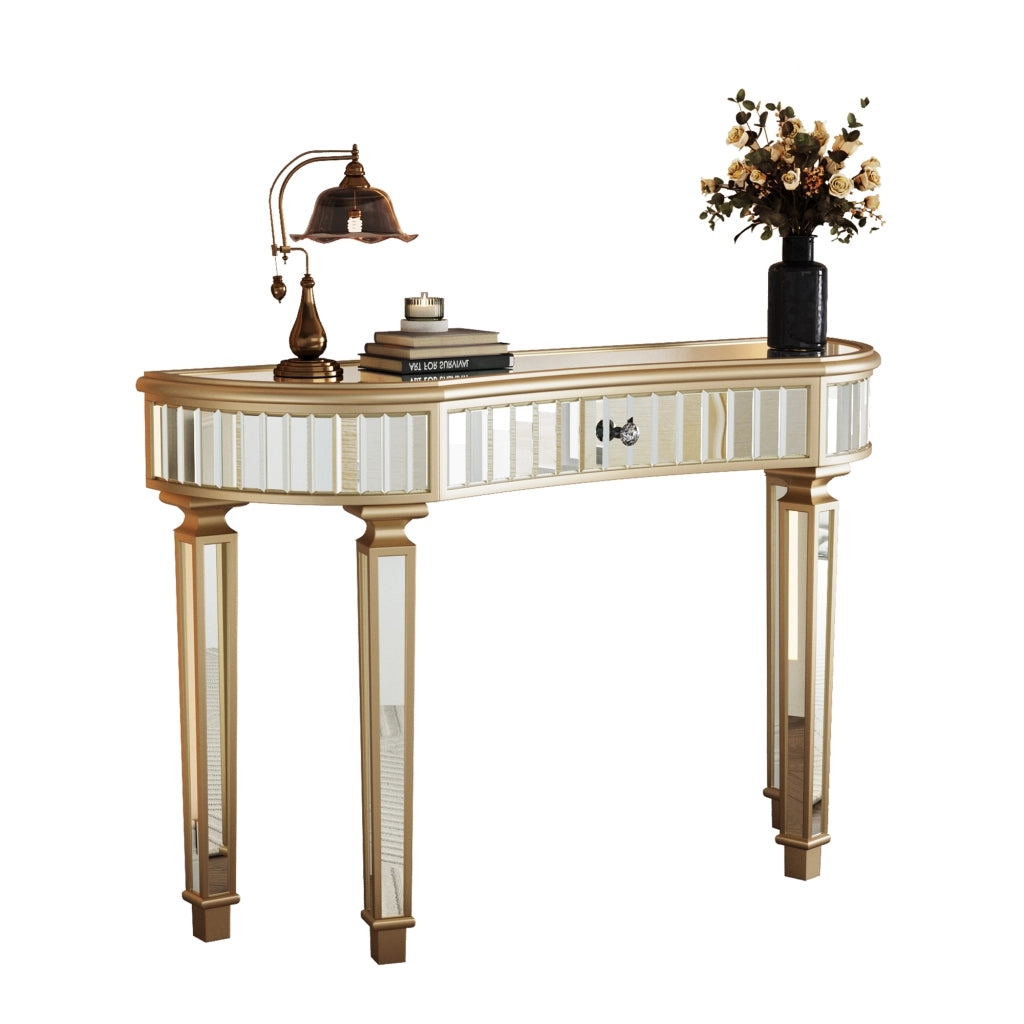 Consolle 120x38x78 cm con cassetto in MDF e vetro oro e argento
