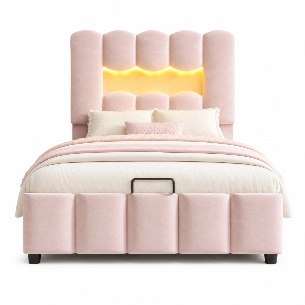 Letto imbottito 90x200 cm in velluto rosa con contenitore; LED multicolore e testiera regolabile