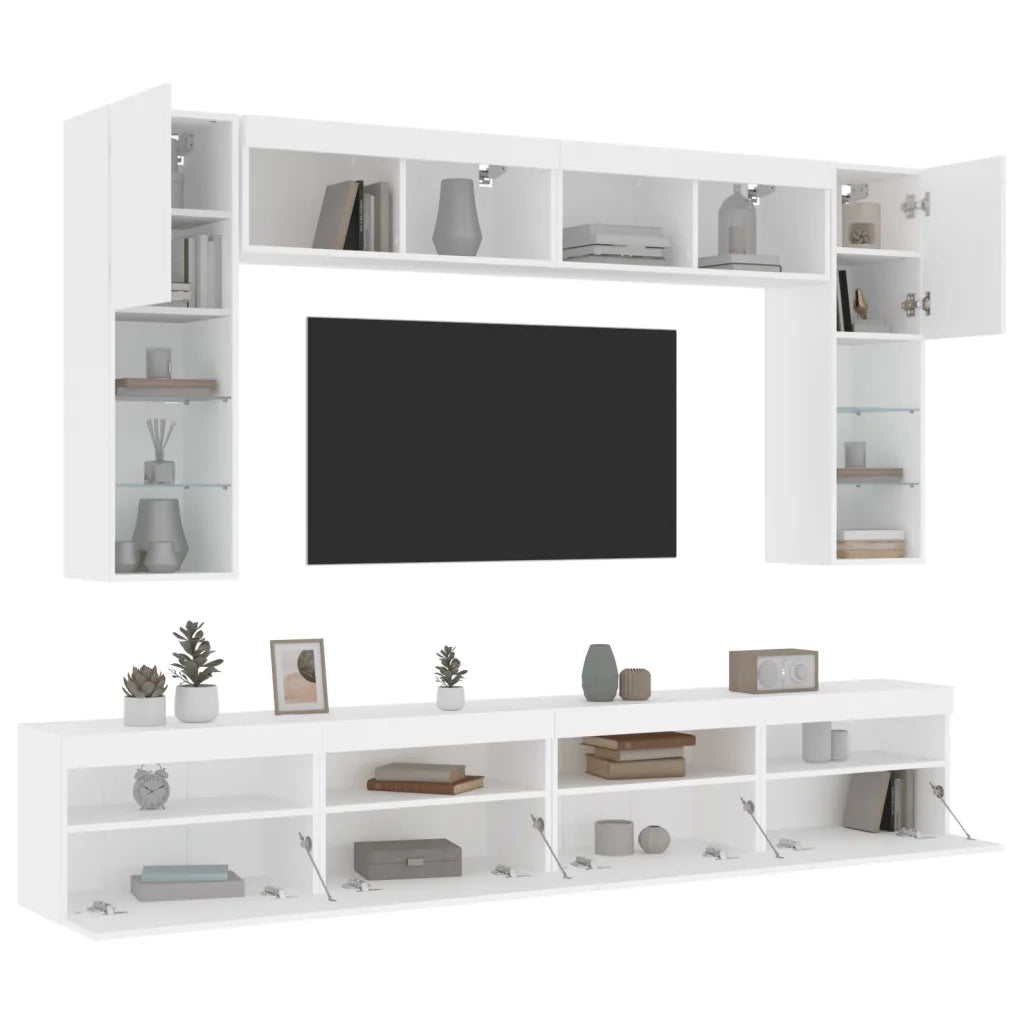Set Mobili TV a Muro 8 pz con Luci LED Bianco