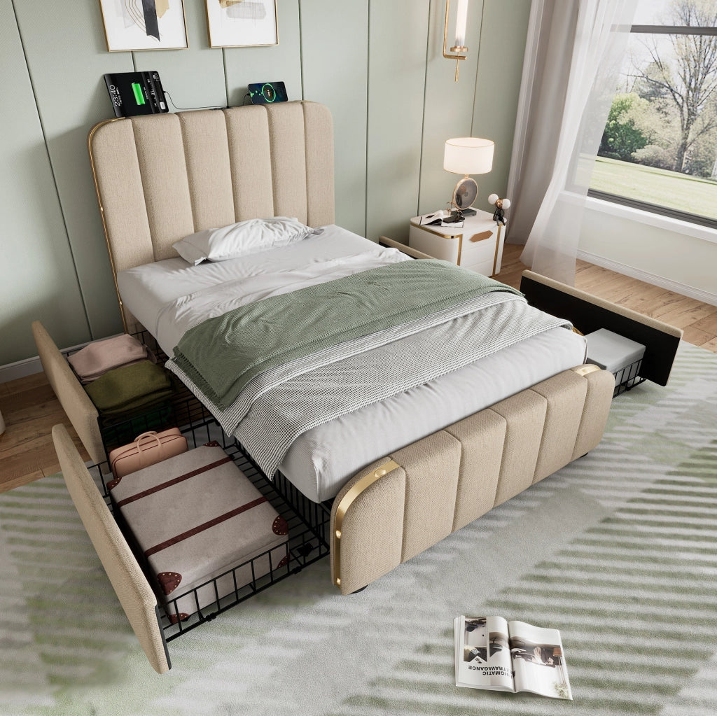 Letto imbottito singolo 90x200 cm in lino beige con 4 cassetti; USB e Type-C