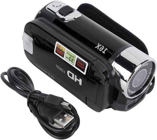 Videocamera digitale 16MP, camcorder con schermo TFT da 27 pollici, schermo girevole, 16x zoom digitale, videocamera con cavo USB, nero, alta qualità registrazione video.
