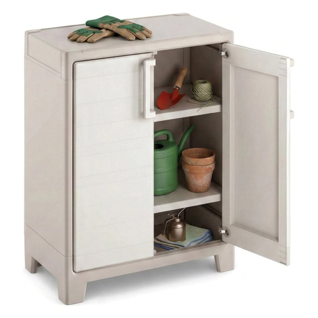 Armadio da esterno Grimsby, Mobile outdoor, Mobiletto giardino multiuso, Contenitore per balcone o garage, Made in Italy, 80x44 h100 cm, Sabbia