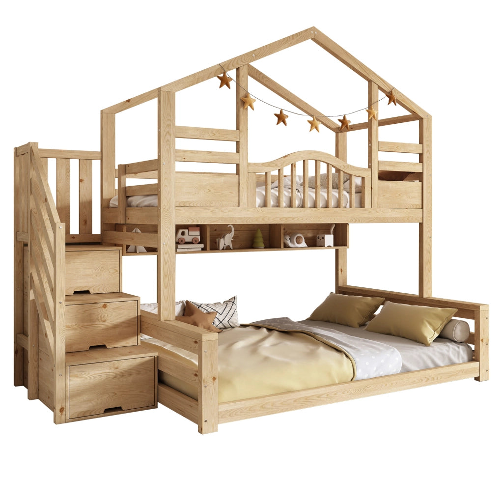 Letto a castello in legno con letto superiore 90x200 cm e inferiore 140x200 cm; finitura naturale