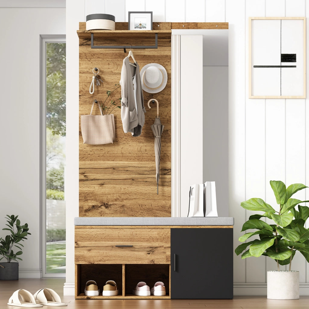 Mobile da ingresso con specchio, scarpiera, panca imbottita, cassetto e ganci, in truciolare, rovere, 104 × 39 × 190 cm