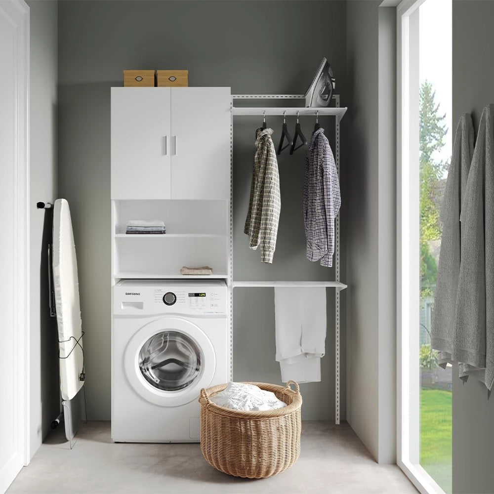 Mobile lavatrice Martha, Bianco, 64 x 190 cm con 2 ante corte, per la conservazione di detersivi e accessori da bagno