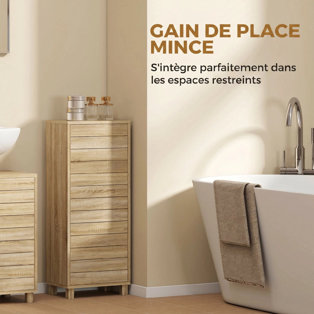Mobiletto Bagno in Legno con Ripiano Regolabile e Anta a Lamelle, Apertura a Pressione ¨C zephmum ¨C 34x23x84 cm, Naturale