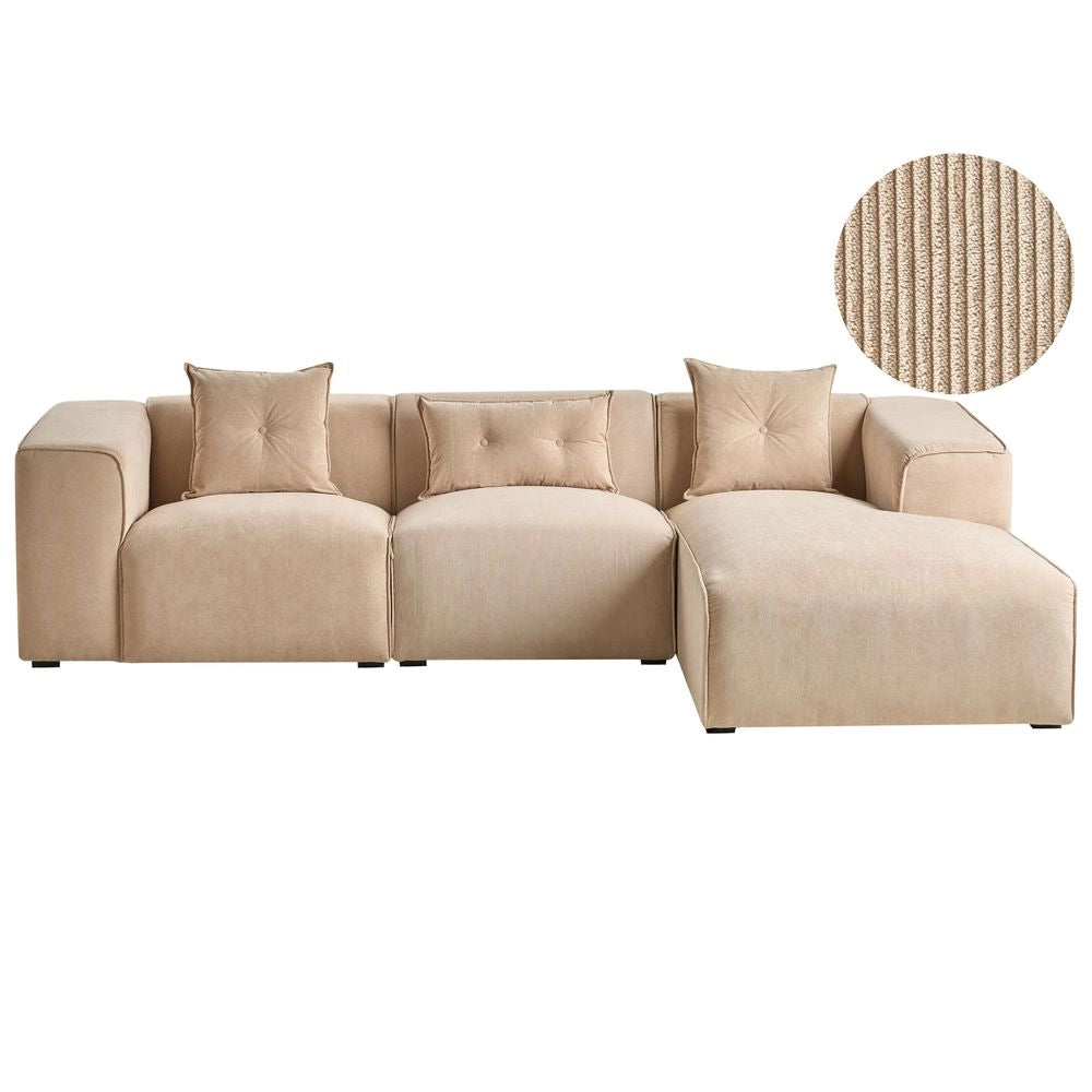 Divano Angolare Beige Velluto A Coste 3 Posti Cuscini Extra Dispersi versione sinistra stile Moderno
